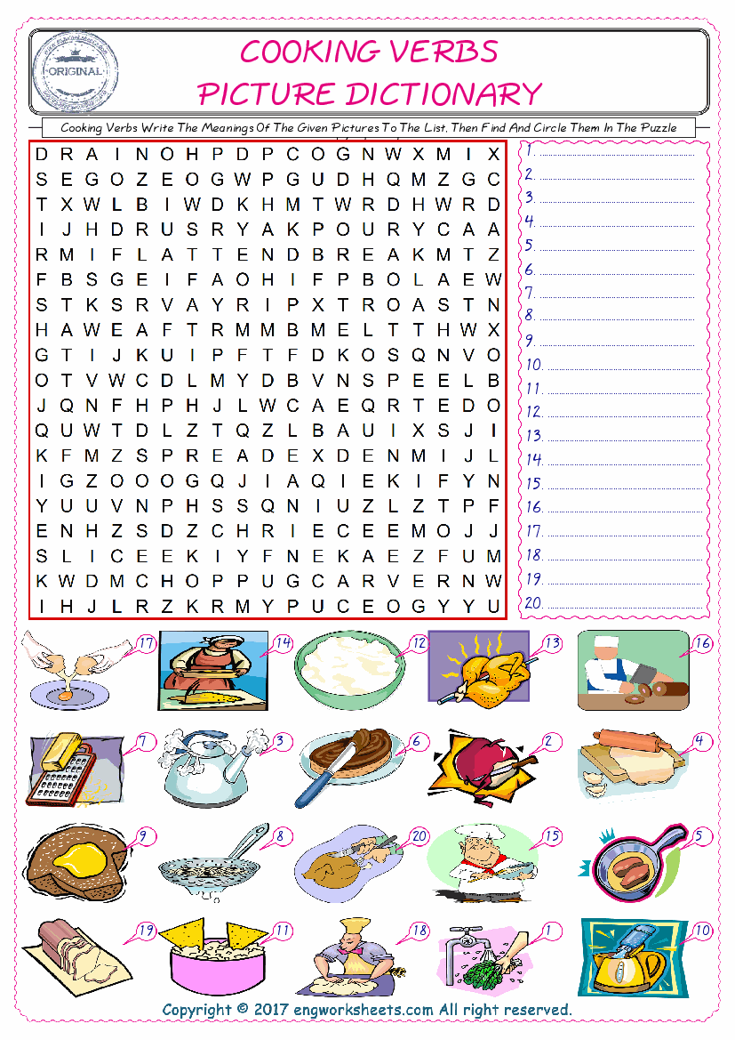  For kids, check the picture of Cooking Verbs find, and write the word and find it in the word puzzle ESL printable worksheet. 